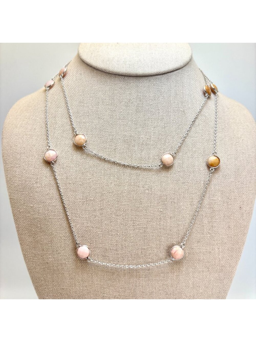 Faceted Rose Quartz Sterling Silver 925 Station Necklace 18" Length